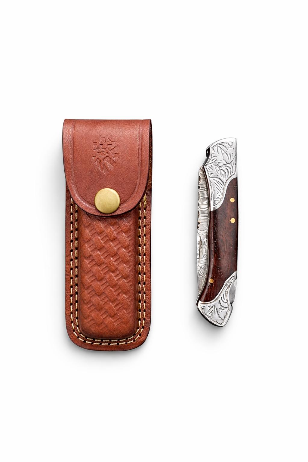 Titan Ironcrest Damascus folding knife TF-005W with damascus blade; leather sheath on Tampa Home & Garden Store