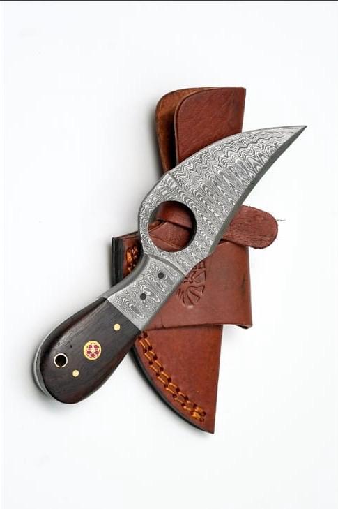 Damascus skinner knife with handforged blade, dark wood handle, leather sheath Titan TD-201 on Tampa Home & Garden Store