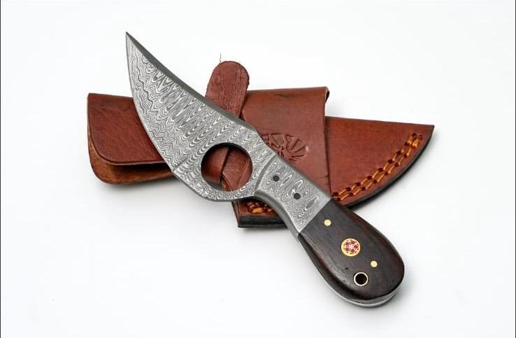 Damascus Skinner Knife by Titan TD-201, hand-forged blade, wood handle, leather sheath on Tampa Home & Garden Store