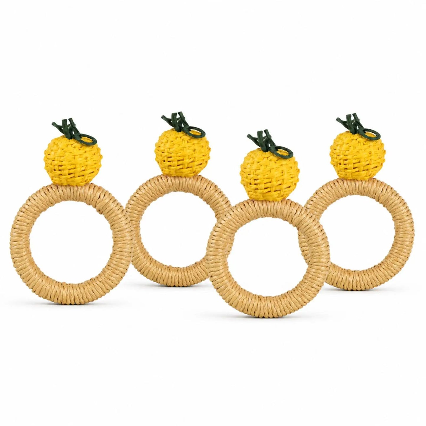 Handwoven yellow lemon napkin rings with raffia detail, set of 4 on natural woven rings on Tampa Home & Garden Store