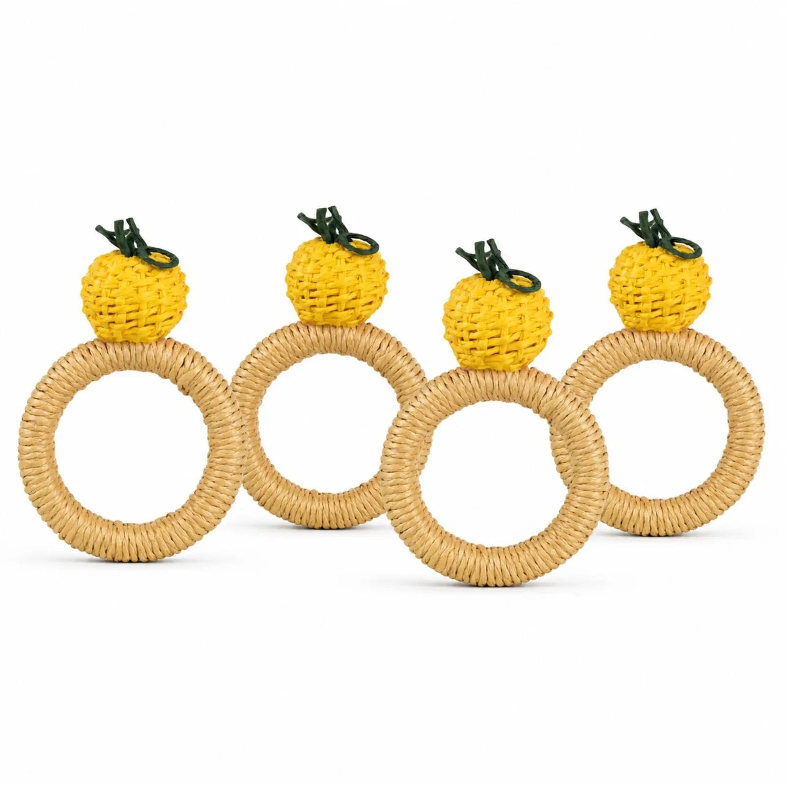 Handwoven yellow lemon napkin rings with raffia detail, set of 4 on natural woven rings on Tampa Home & Garden Store