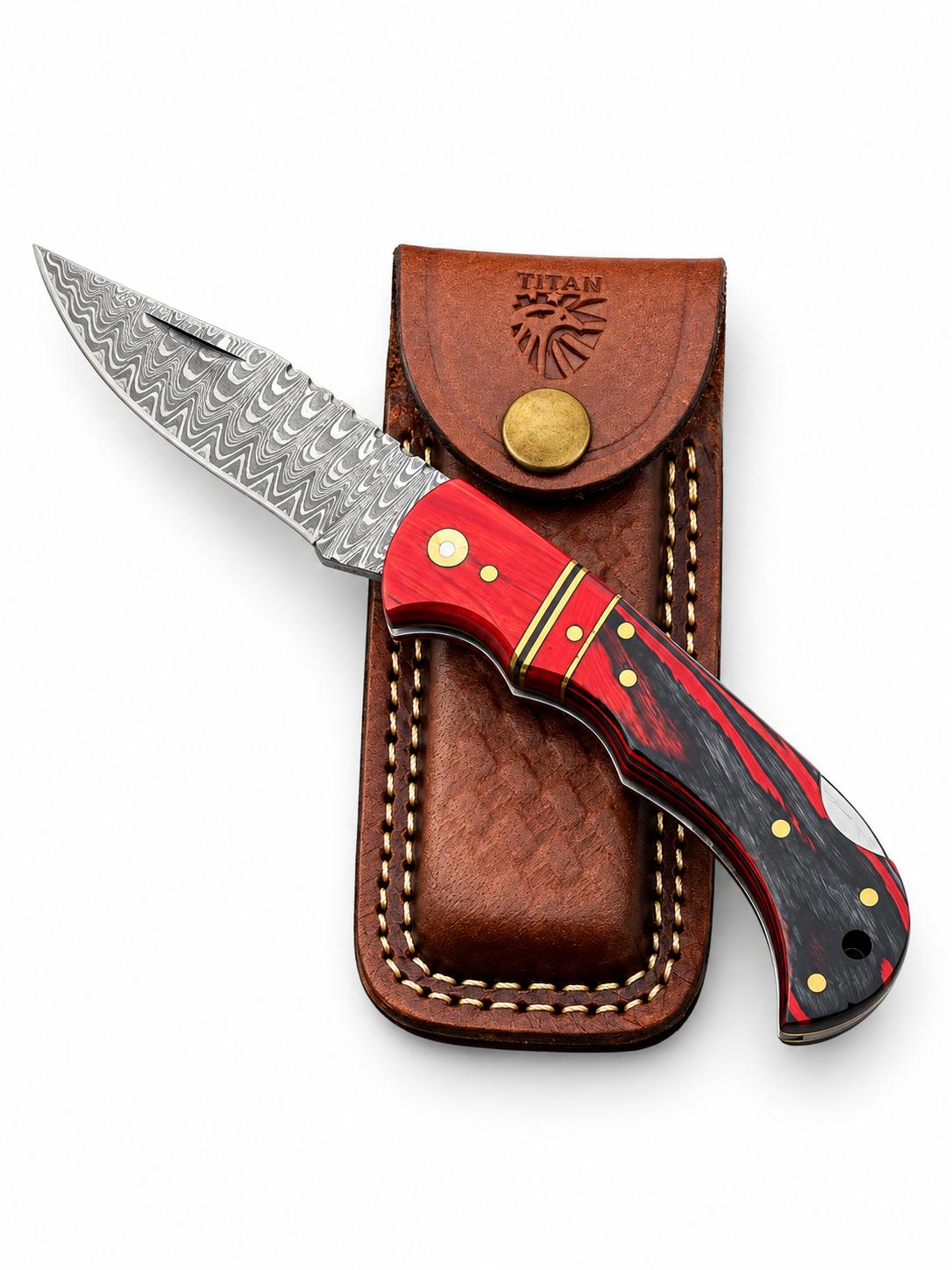 Crimson Ember Damascus Folding Knife red-black handle damascus blade leather sheath Titan on Tampa Home & Garden Store