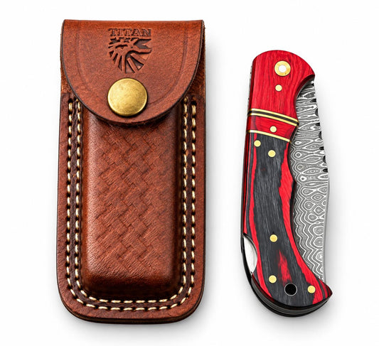 Crimson Ember Damascus folding knife red/black handle Titan logo leather sheath TKT-22 on Tampa Home & Garden Store