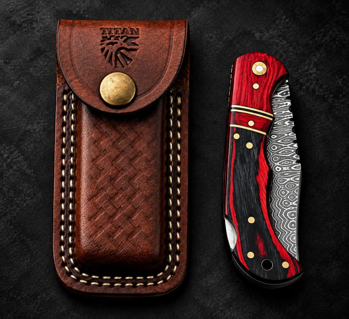 Crimson Ember Damascus knife TKT-22 by Titan Intl K with red-black wood handle and leather sheath on Tampa Home & Garden Store