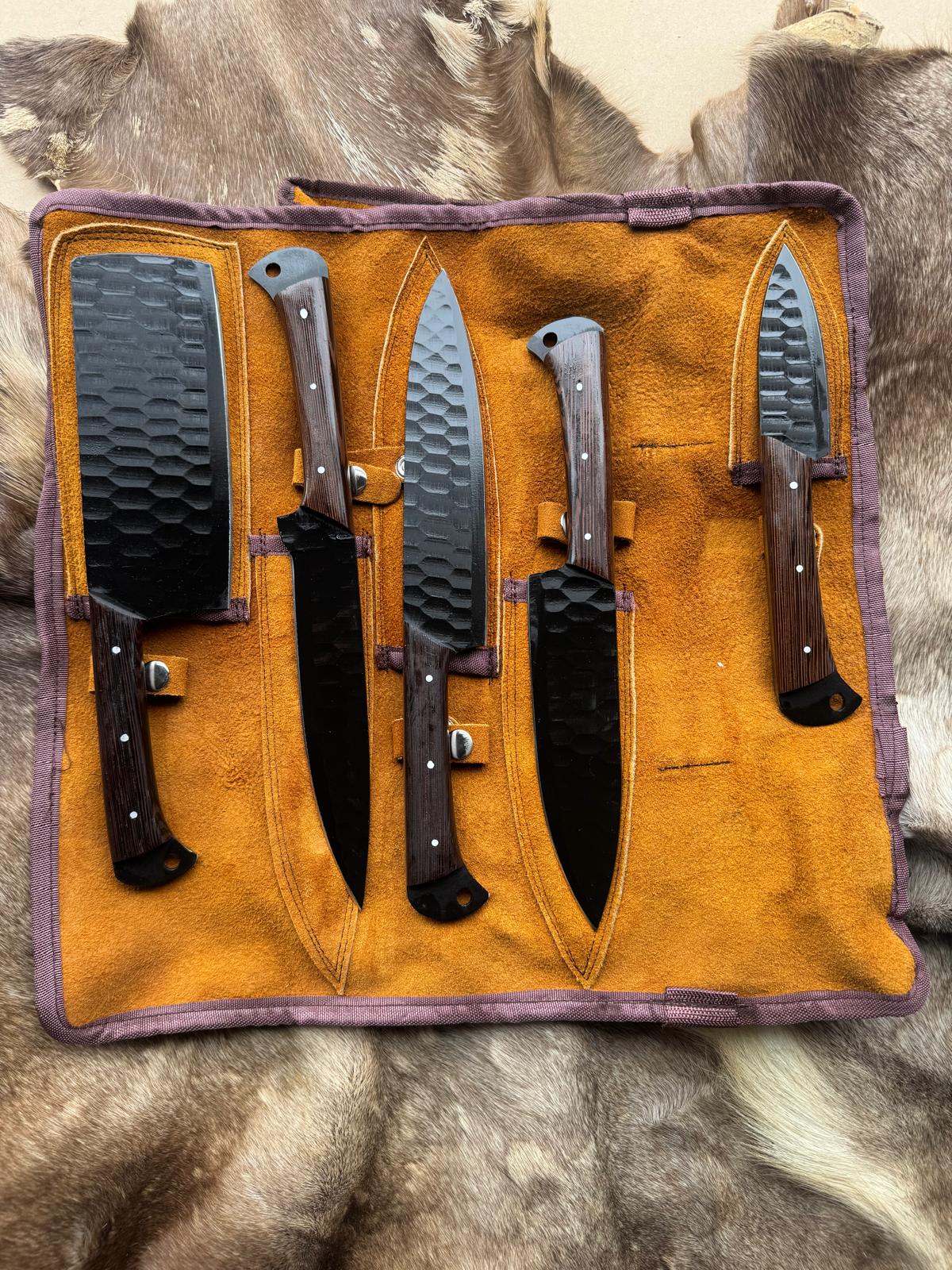 Titan 5pc Blackened Forge knife set with dragon-scale blades and Wenga wood handles CK-004 on Tampa Home & Garden Store