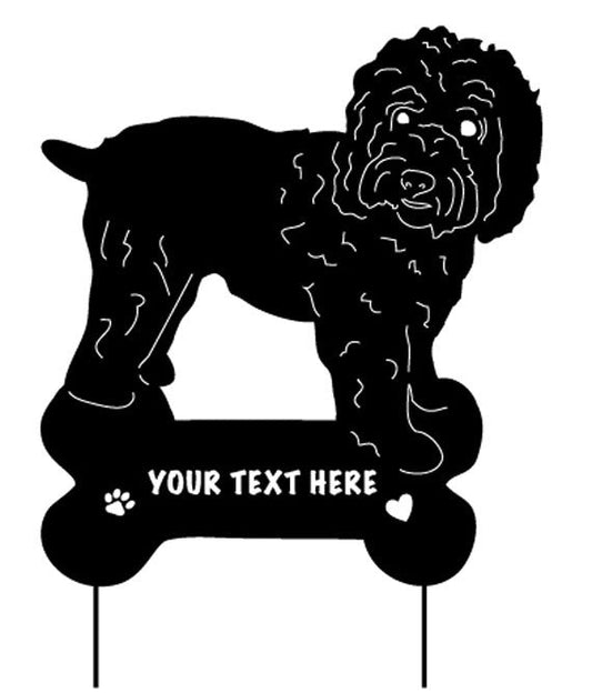 Wheaten Terrier garden stake silhouette, black on bone-shaped sign with customizable text on Tampa Home & Garden Store