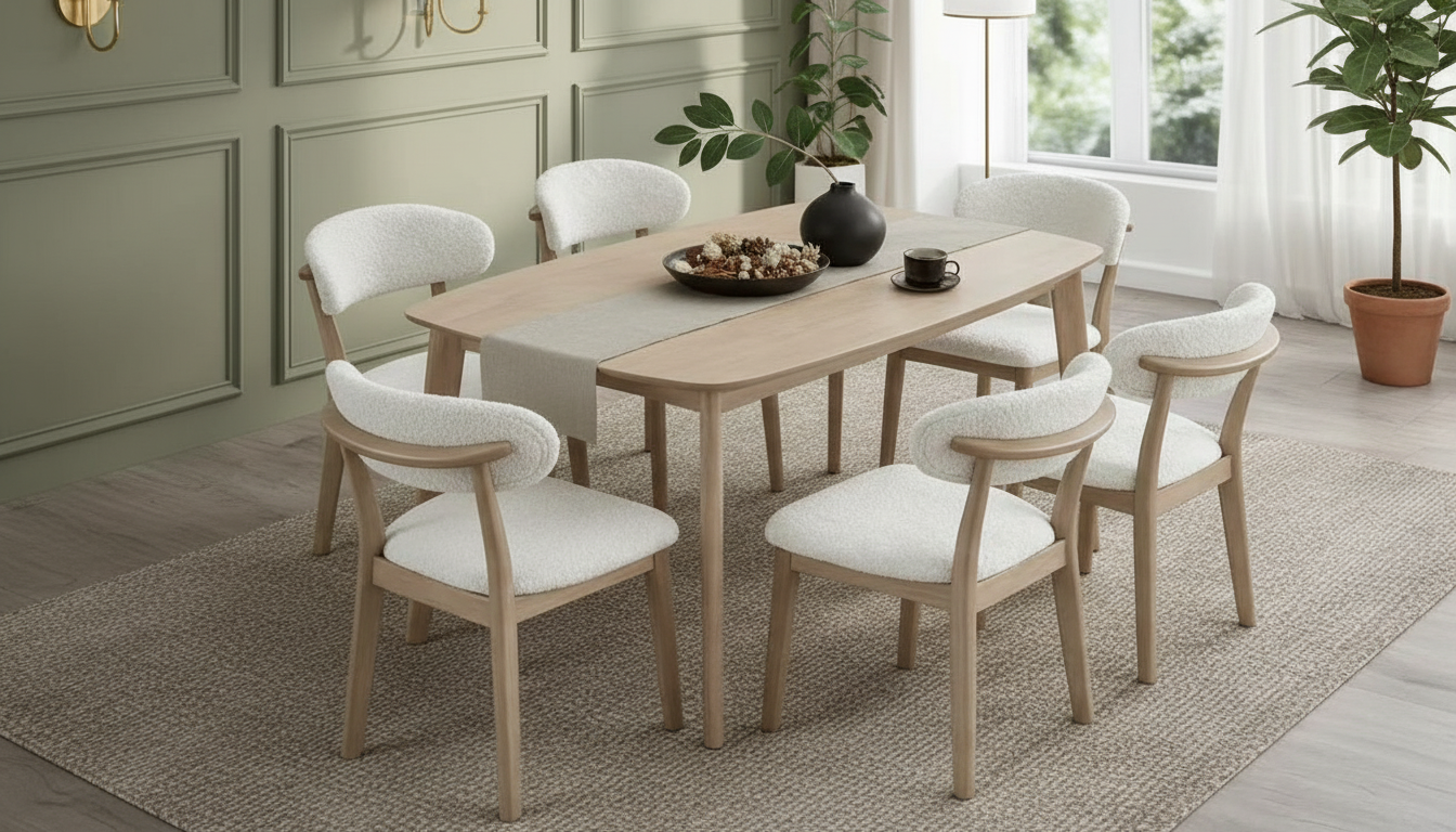 ACTU Scandinavian dining table set with upholstered cream chairs, seats 4-6, natural wood on Tampa Home & Garden Store