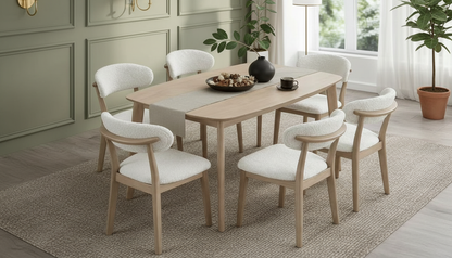 ACTU Scandinavian dining table set with upholstered cream chairs, seats 4-6, natural wood on Tampa Home & Garden Store