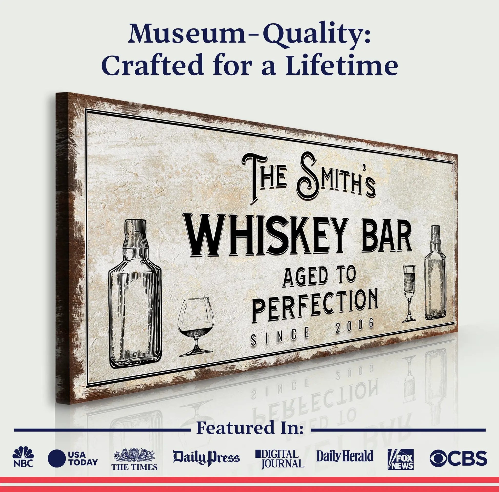 Whiskey Bar Sign canvas by Tailored Canvases with distressed look and bottle illustrations on Tampa Home & Garden Store