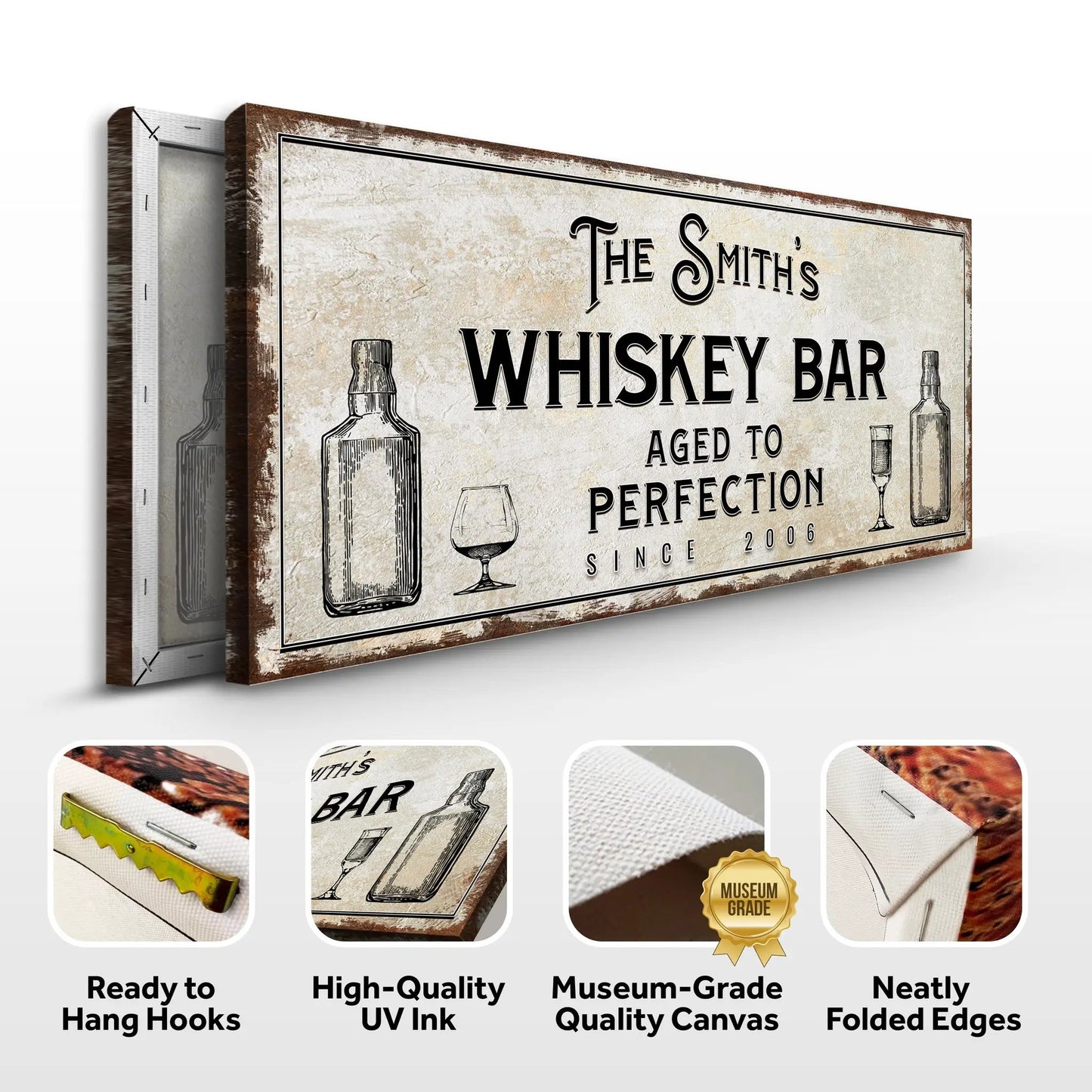 Whiskey Bar Sign III canvas by Tailored Canvases with rustic background and bottle graphics on Tampa Home & Garden Store