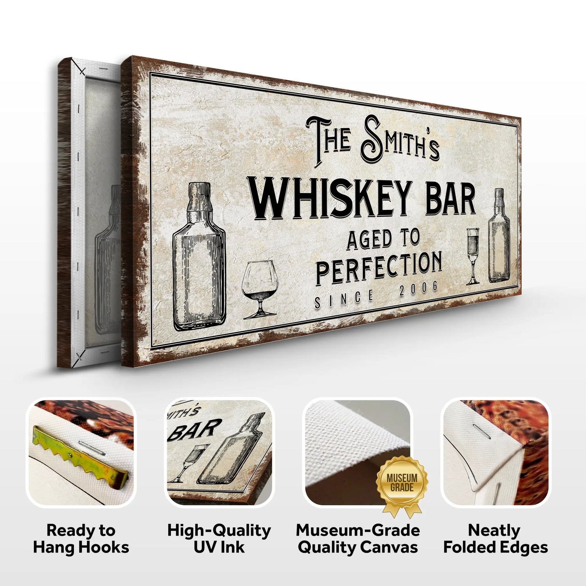 Whiskey Bar Sign III canvas by Tailored Canvases with rustic background and bottle graphics on Tampa Home & Garden Store