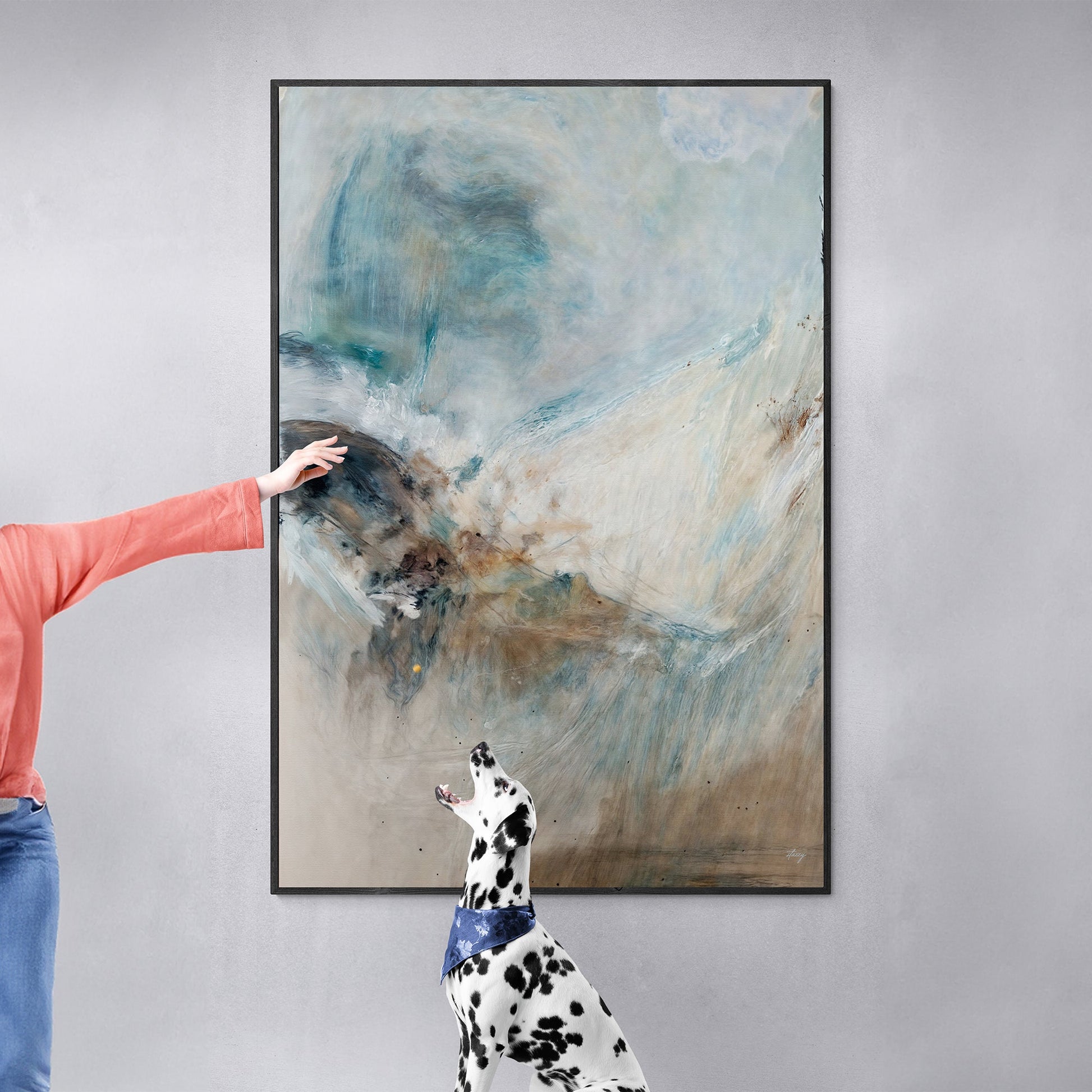 Canvas Print Whispering Coast II seascape in blue tones on a black-framed canvas with Dalmatian on Tampa Home & Garden Store
