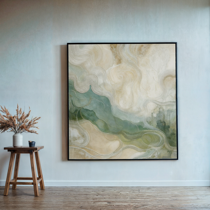 Canvas Print Whispering Currents, black frame; beige cream swirls on pale blue wall on Tampa Home & Garden Store