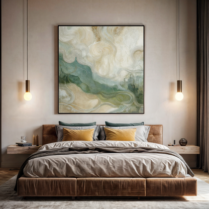 Canvas print Whispering Currents by Tailored Canvases, abstract beige and green swirls above bed on Tampa Home & Garden Store