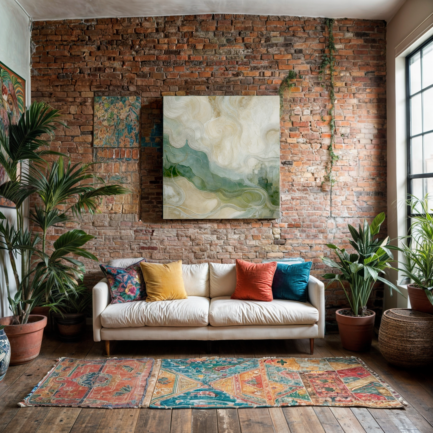 Canvas print Whispering Currents by Tailored Canvases; green beige swirl on brick with plants on Tampa Home & Garden Store