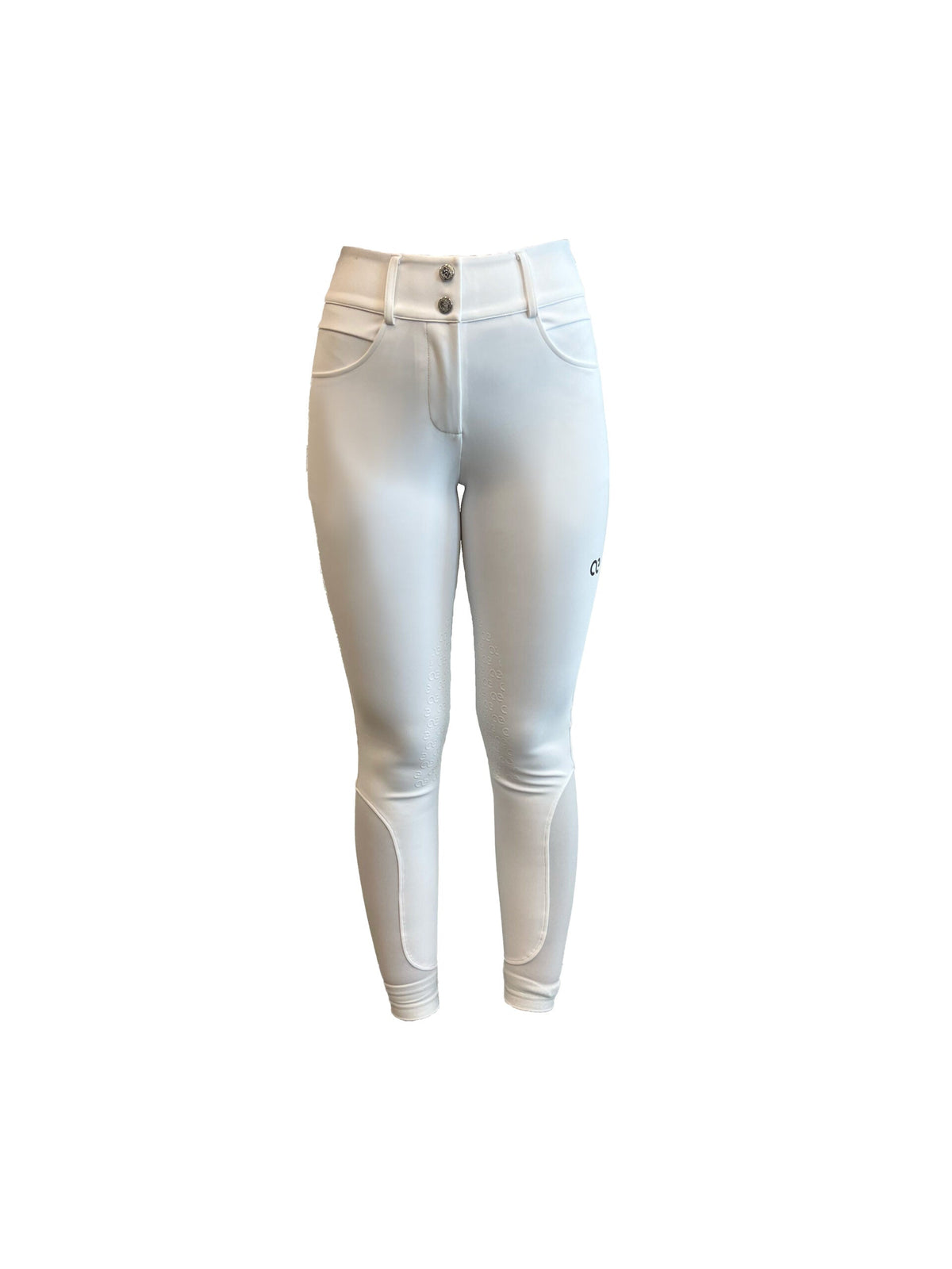 American Equus Performance Breeches white high-waist with front buttons, belt loops, knee grip on Tampa Home & Garden Store