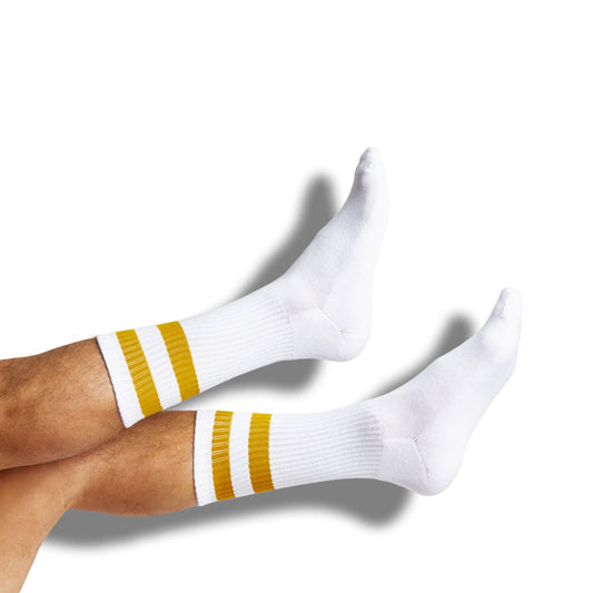DeadSoxy Navy Gold Casual Socks 4 Pack white crew socks with yellow stripe cuffs on Tampa Home & Garden Store