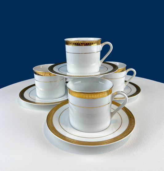 White China Cups and Saucers: Gold Embossed Band, Set of 5 - Tampa Home & Garden Store