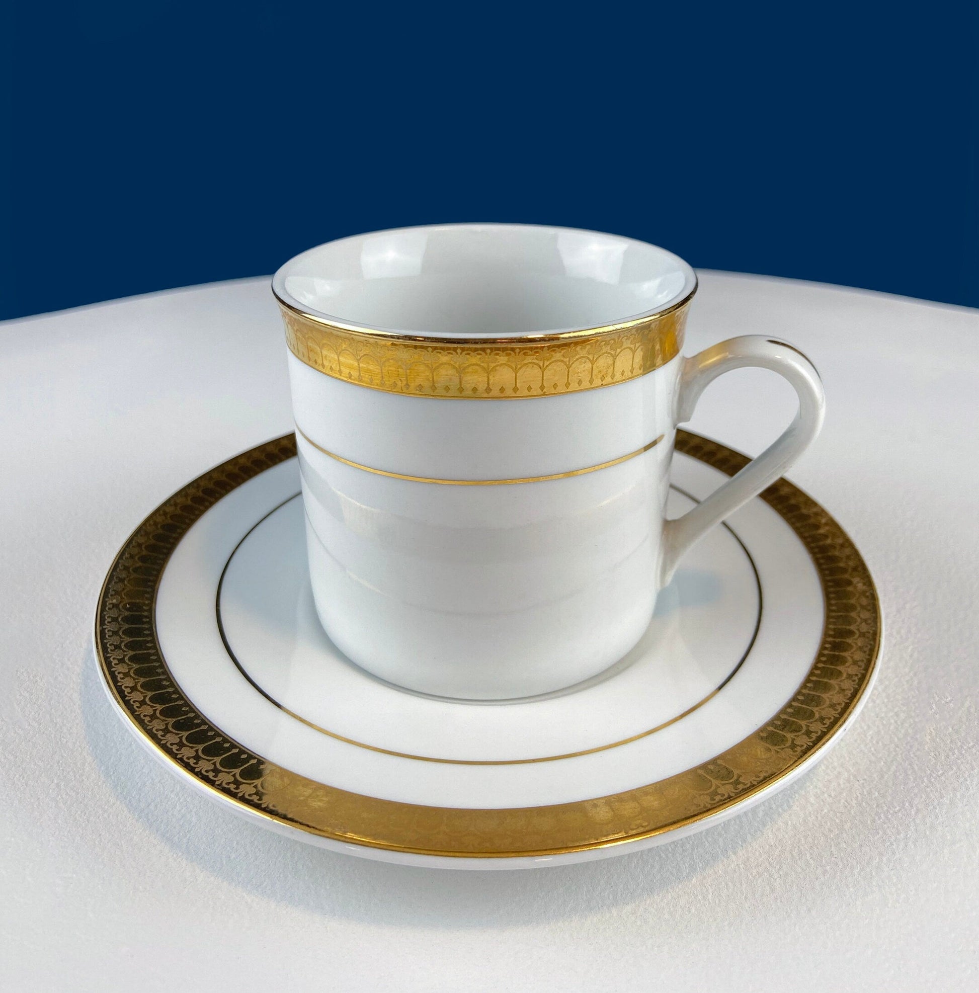 White China Cups and Saucers: Gold Embossed Band, Set of 5 - Tampa Home & Garden Store
