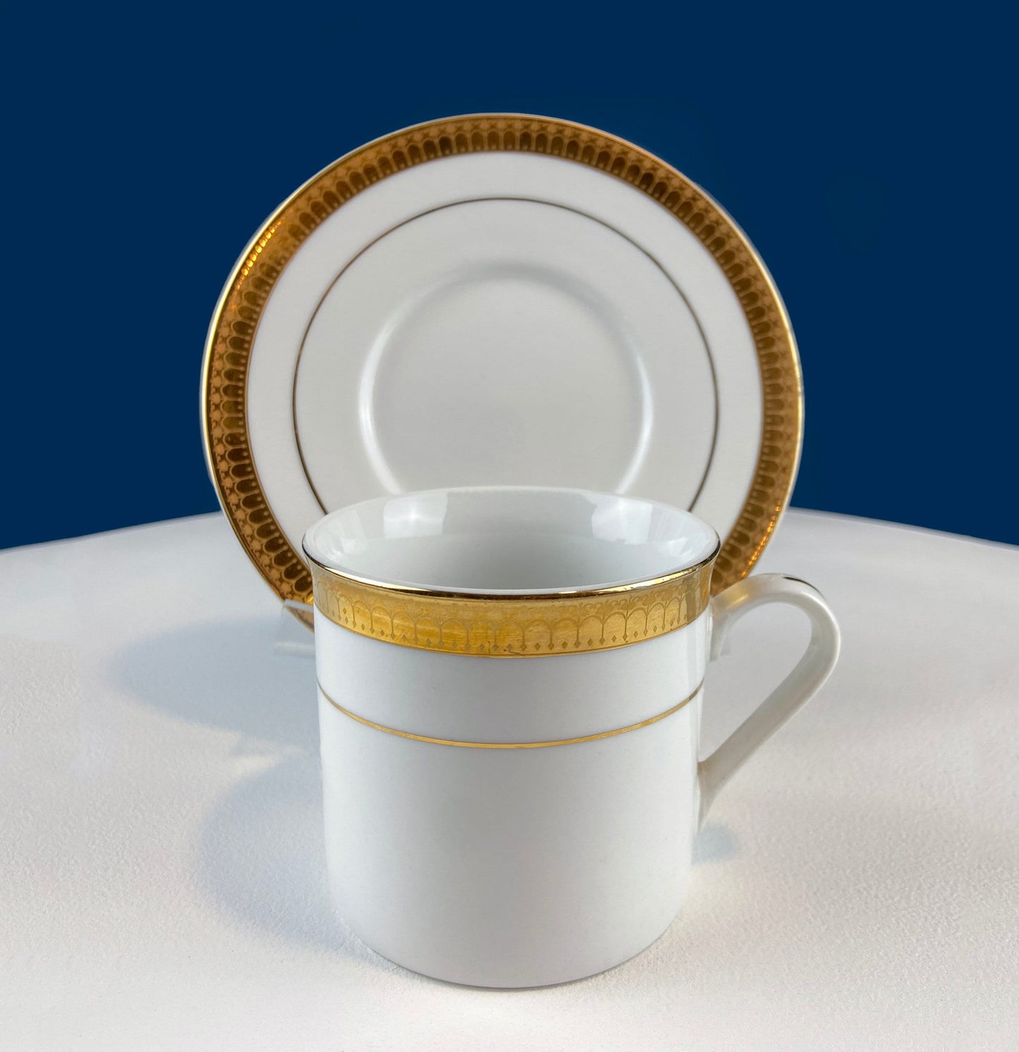 White China Cups and Saucers: Gold Embossed Band, Set of 5 - Tampa Home & Garden Store