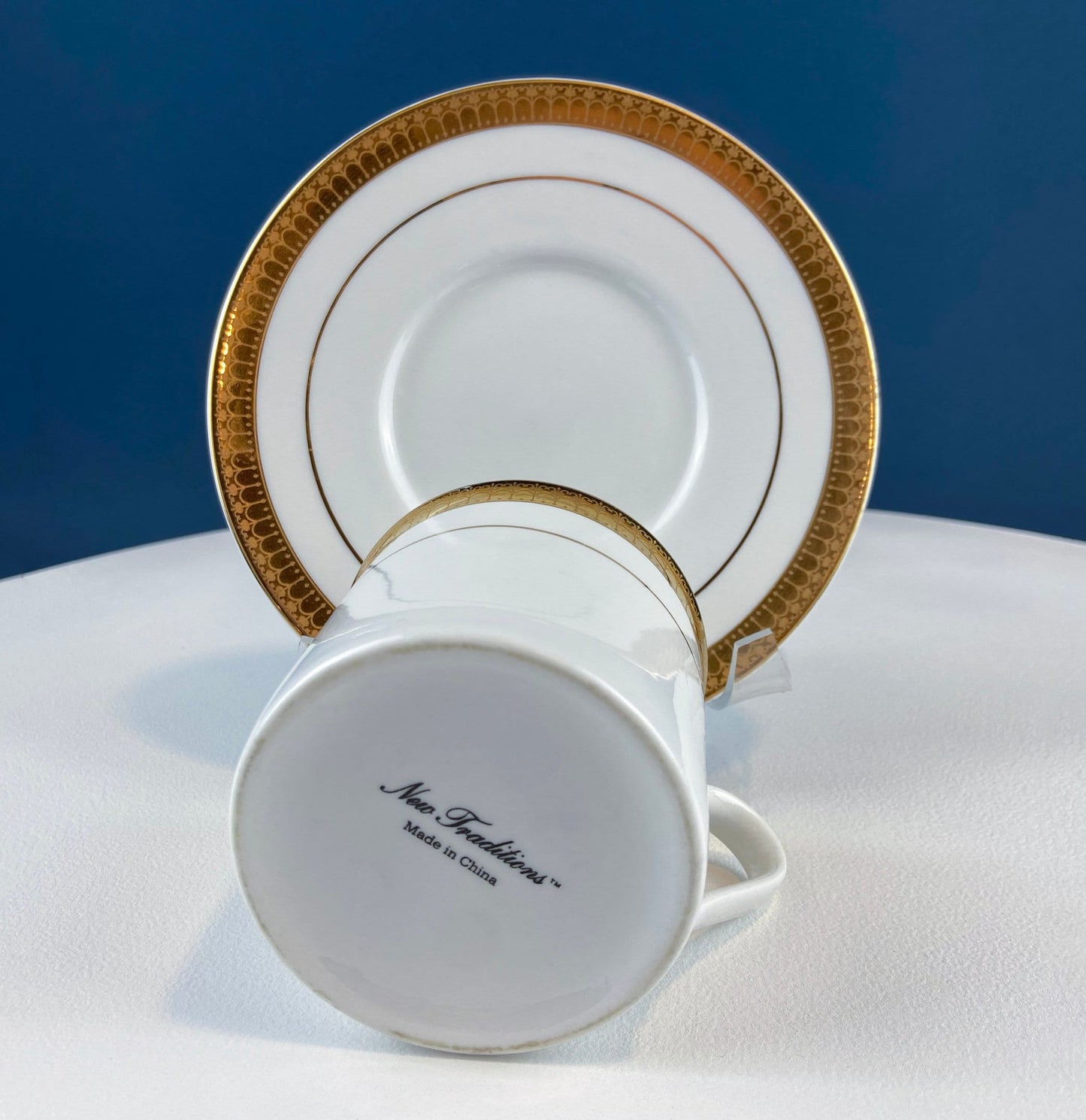 White China Cups and Saucers: Gold Embossed Band, Set of 5 - Tampa Home & Garden Store