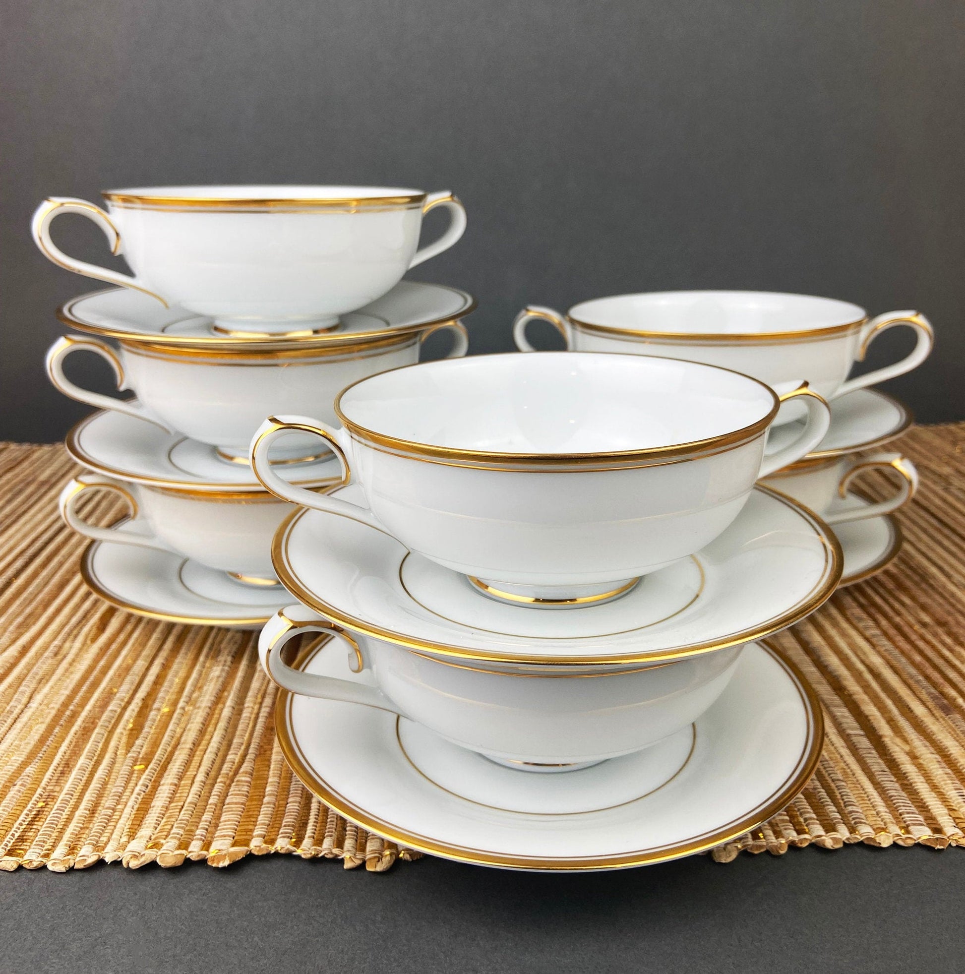 White China Cups and Saucers: Gold Embossed Band, Set of 5 - Tampa Home & Garden Store