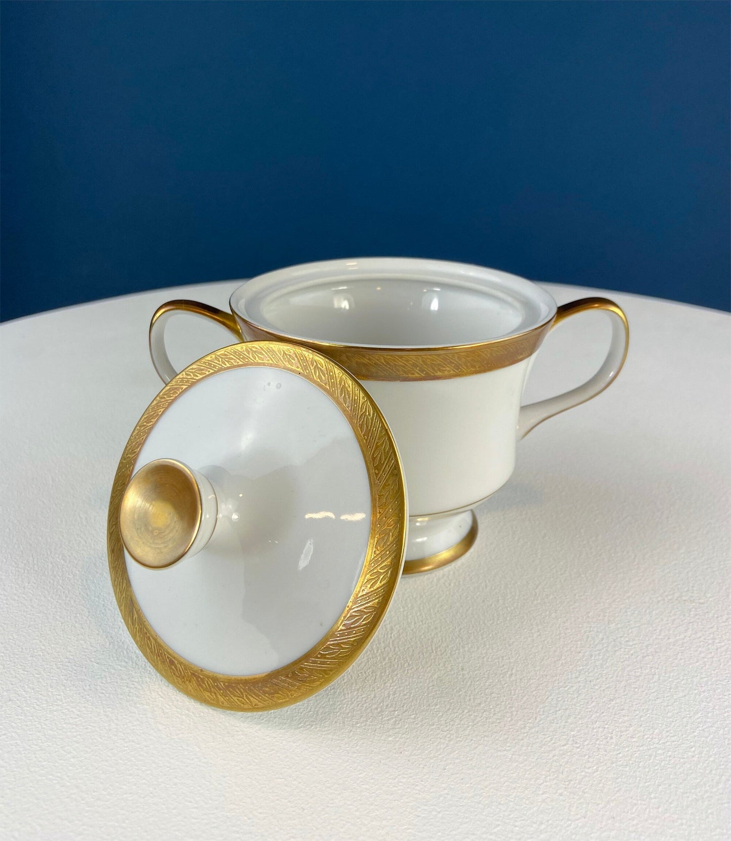 White & Gold Dish Set. Wedding Band China. Sango Spun Gold. Dinner, Salad or Dessert, Soup Plates, Sugar Bowl, Serving Dishes. - Tampa Home & Garden Store