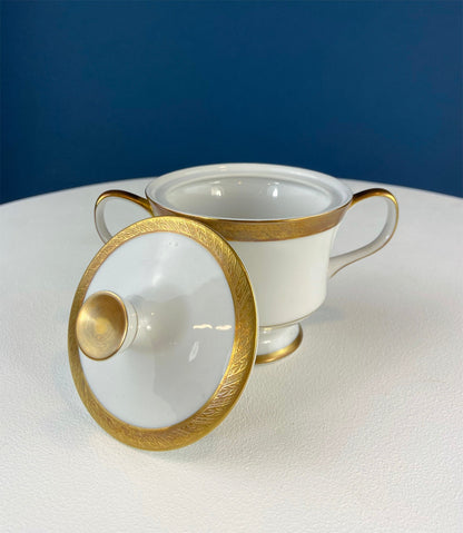White & Gold Dish Set. Wedding Band China. Sango Spun Gold. Dinner, Salad or Dessert, Soup Plates, Sugar Bowl, Serving Dishes. - Tampa Home & Garden Store