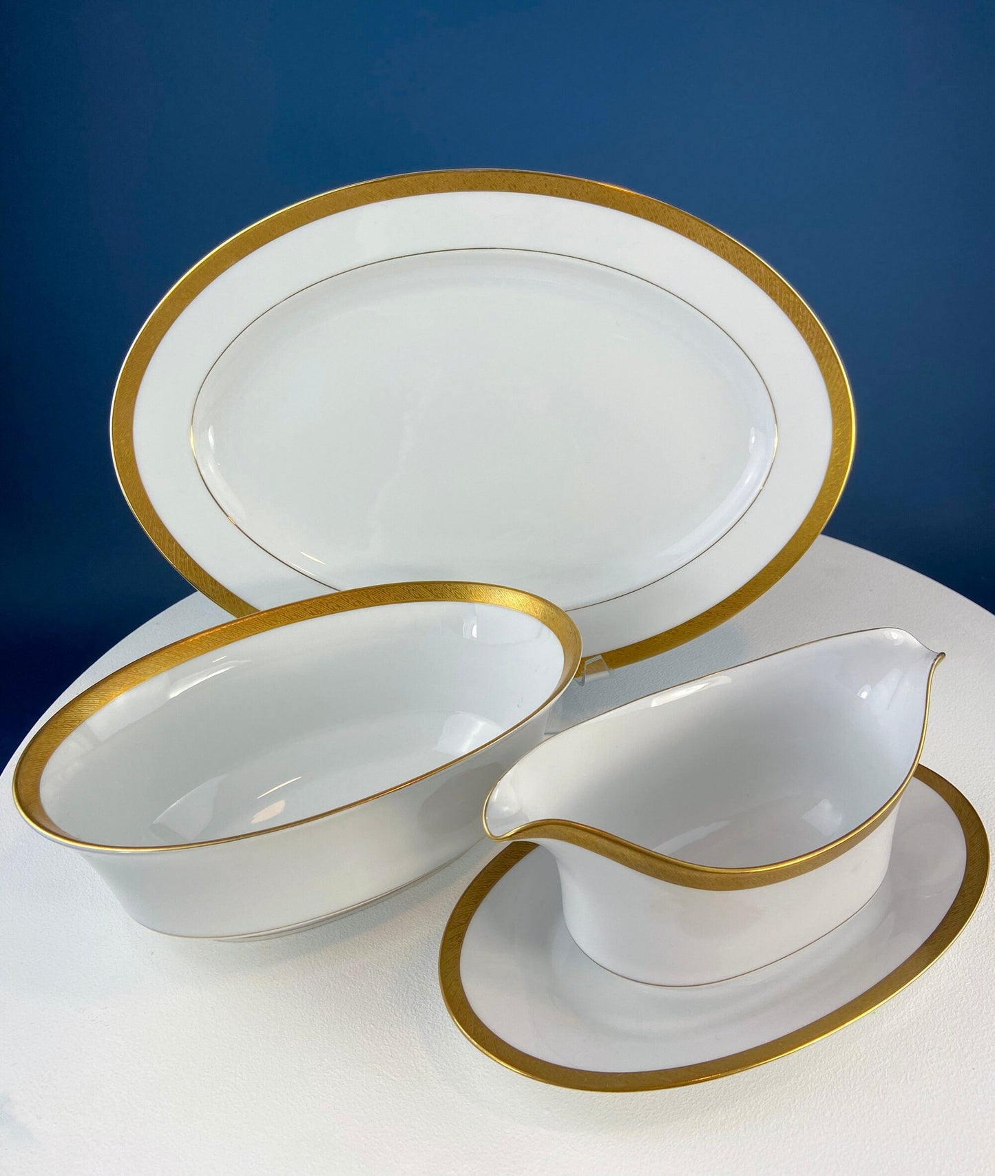 White & Gold Dish Set. Wedding Band China. Sango Spun Gold. Dinner, Salad or Dessert, Soup Plates, Sugar Bowl, Serving Dishes. - Tampa Home & Garden Store