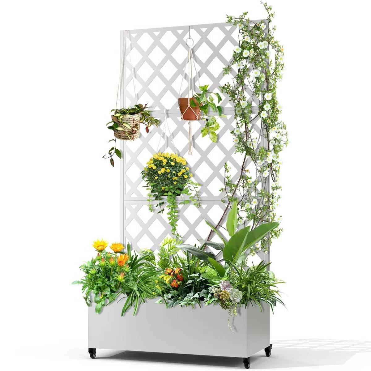 White Metal Outdoor Raised Garden Bed Planter Box with Trellis on Wheels - Tampa Home & Garden Store