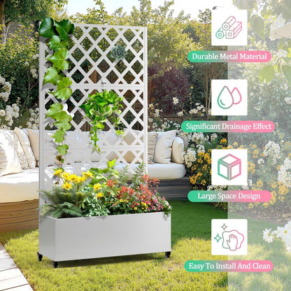White Metal Outdoor Raised Garden Bed Planter Box with Trellis on Wheels - Tampa Home & Garden Store