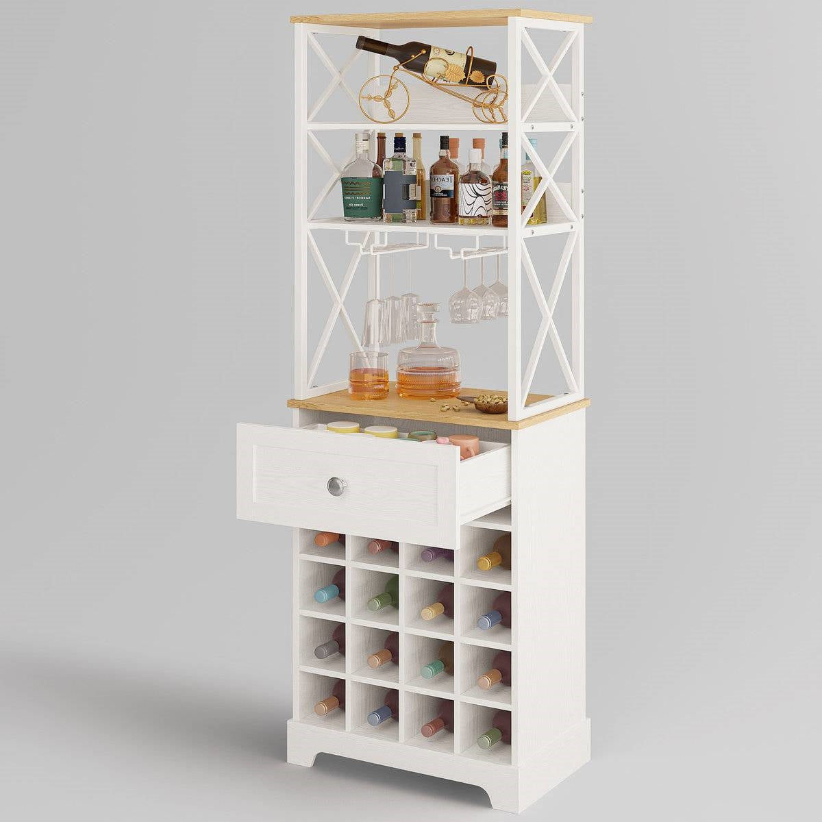 White/Natural Wine Bottle & Glass Rack Cabinet Bar Storage - Tampa Home & Garden Store