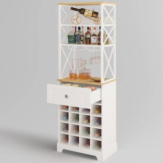 White/Natural Wine Bottle & Glass Rack Cabinet Bar Storage - Tampa Home & Garden Store