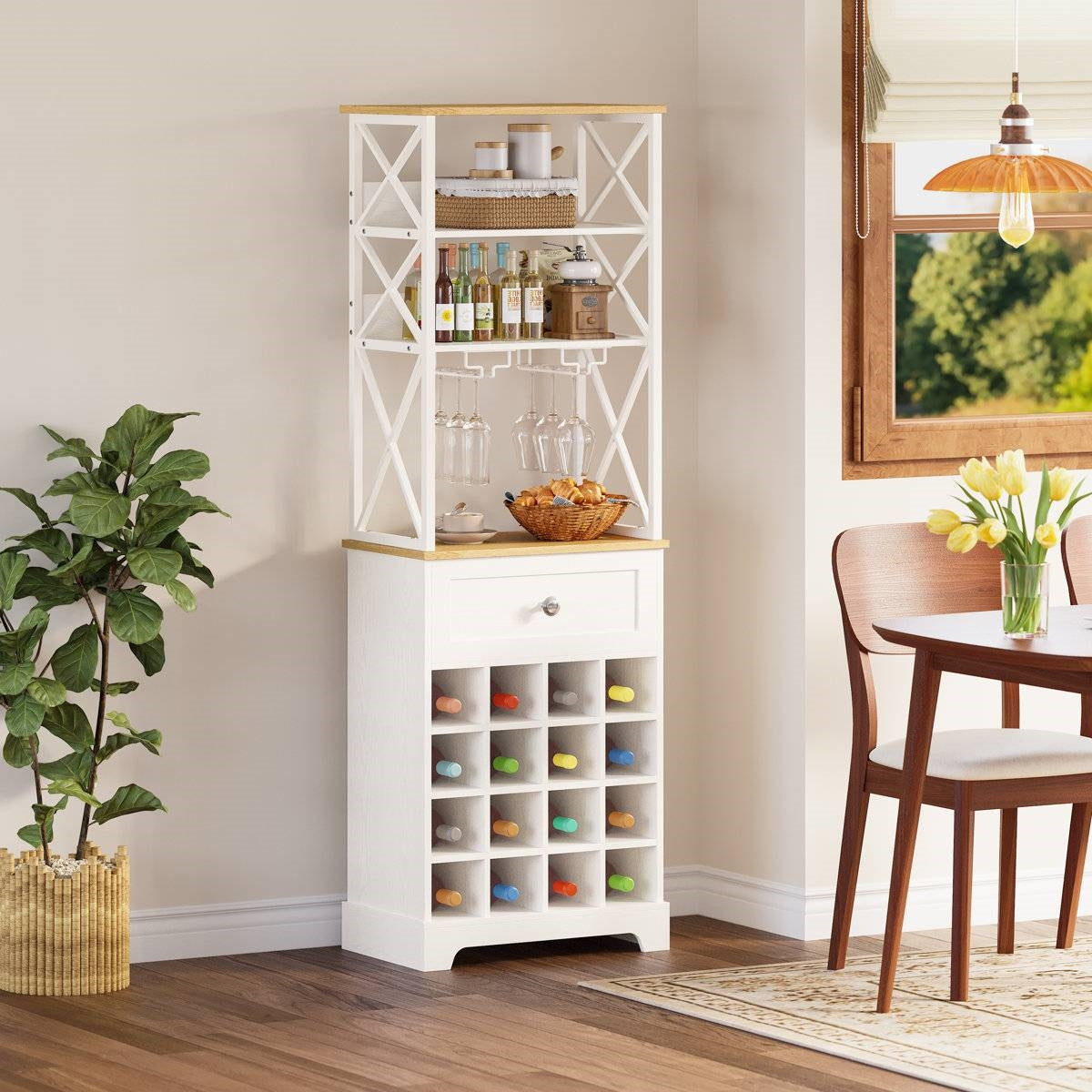 White/Natural Wine Bottle & Glass Rack Cabinet Bar Storage - Tampa Home & Garden Store