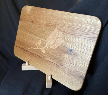 White Oak charcuterie board with subtle rose and stem inlay made from Cherry. - Tampa Home & Garden Store