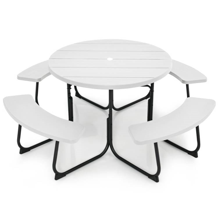 White Outdoor Metal and HDPE Picnic Table Bench Set with Umbrella Hole - Seats 8 - Tampa Home & Garden Store