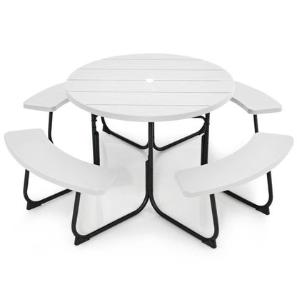 White Outdoor Metal and HDPE Picnic Table Bench Set with Umbrella Hole - Seats 8 - Tampa Home & Garden Store