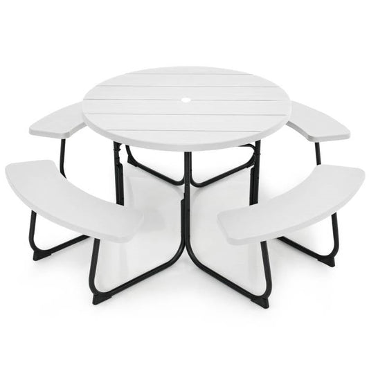White Outdoor Metal and HDPE Picnic Table Bench Set with Umbrella Hole - Seats 8 - Tampa Home & Garden Store