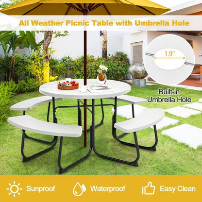 White Outdoor Metal and HDPE Picnic Table Bench Set with Umbrella Hole - Seats 8 - Tampa Home & Garden Store