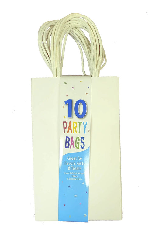 White paper gift bag with twisted white rope handles, 10 party bags label in rainbow colors on Tampa Home & Garden Store