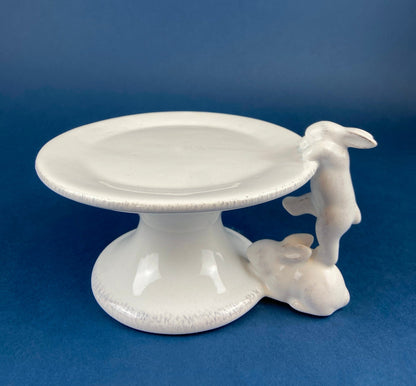White Porcelain, Cupcake Sized Stand. Climbing Bunnies Detail. Rabbit Themed Table Accessories. Candy Dish, Candle Holder, Modern Farmhouse. - Tampa Home & Garden Store