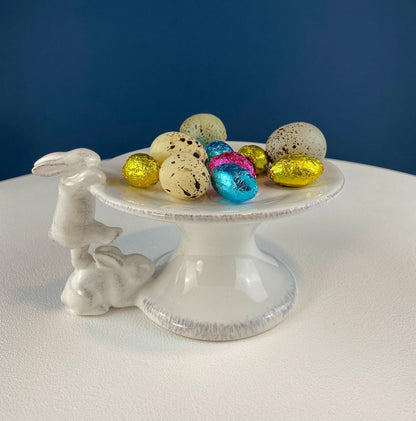 White Porcelain, Cupcake Sized Stand. Climbing Bunnies Detail. Rabbit Themed Table Accessories. Candy Dish, Candle Holder, Modern Farmhouse. - Tampa Home & Garden Store