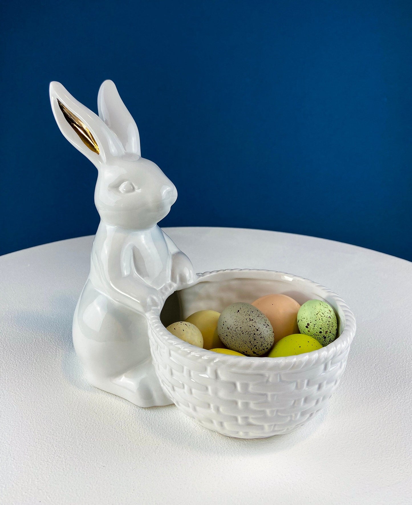 White Porcelain, Cupcake Sized Stand. Climbing Bunnies Detail. Rabbit Themed Table Accessories. Candy Dish, Candle Holder, Modern Farmhouse. - Tampa Home & Garden Store