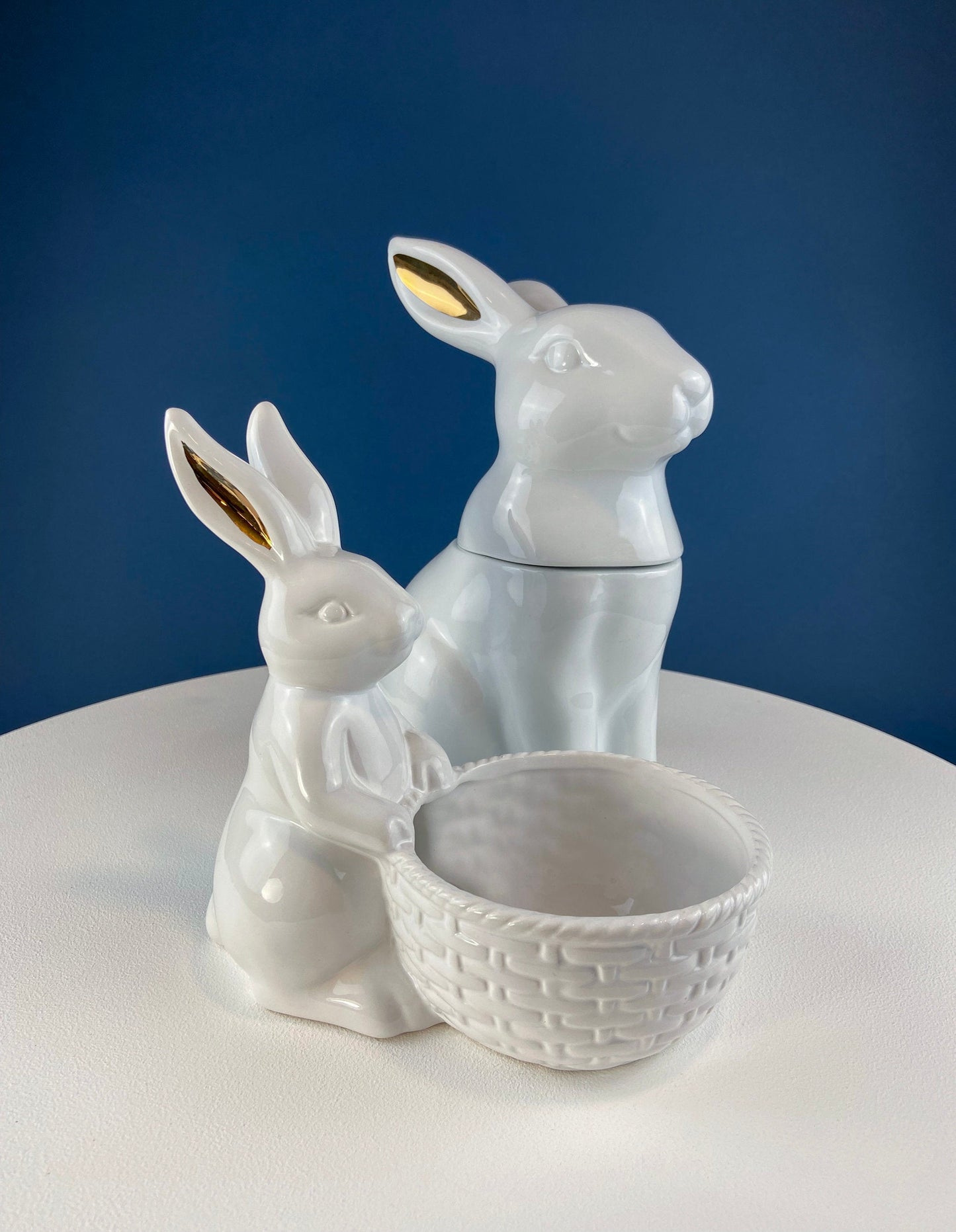 White Porcelain, Cupcake Sized Stand. Climbing Bunnies Detail. Rabbit Themed Table Accessories. Candy Dish, Candle Holder, Modern Farmhouse. - Tampa Home & Garden Store