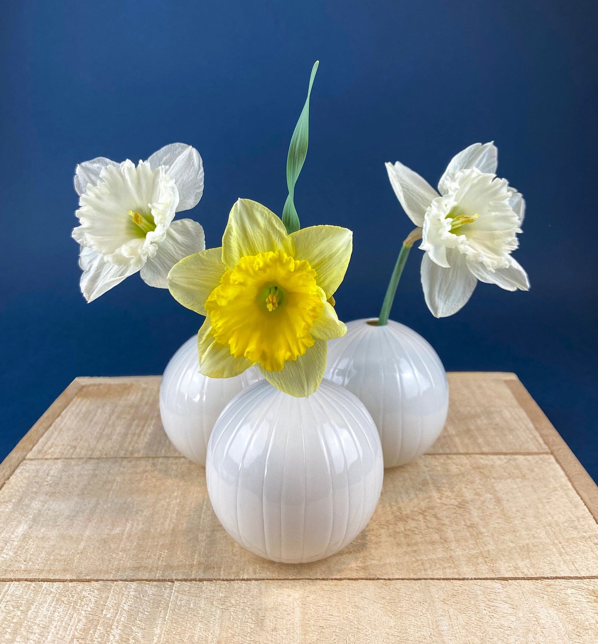 White, Porcelain Modern Vases. Set of Three Sperical Vases with Small Mouths and Fluting. Perfect for Breakfast Tray. Minimal Home Decor. - Tampa Home & Garden Store