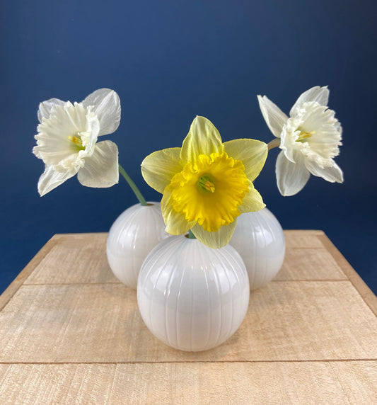 White, Porcelain Modern Vases. Set of Three Sperical Vases with Small Mouths and Fluting. Perfect for Breakfast Tray. Minimal Home Decor. - Tampa Home & Garden Store