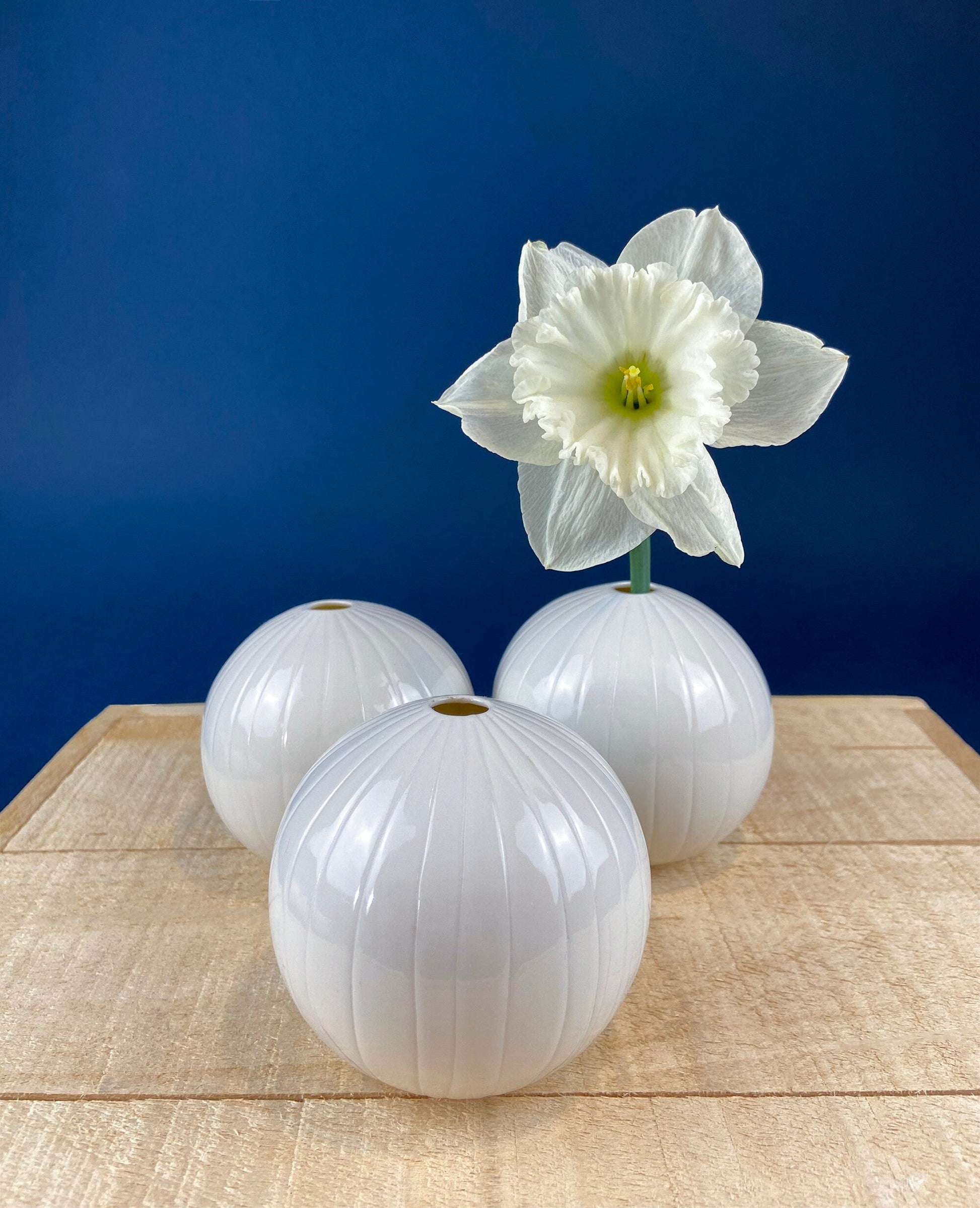 White, Porcelain Modern Vases. Set of Three Sperical Vases with Small Mouths and Fluting. Perfect for Breakfast Tray. Minimal Home Decor. - Tampa Home & Garden Store