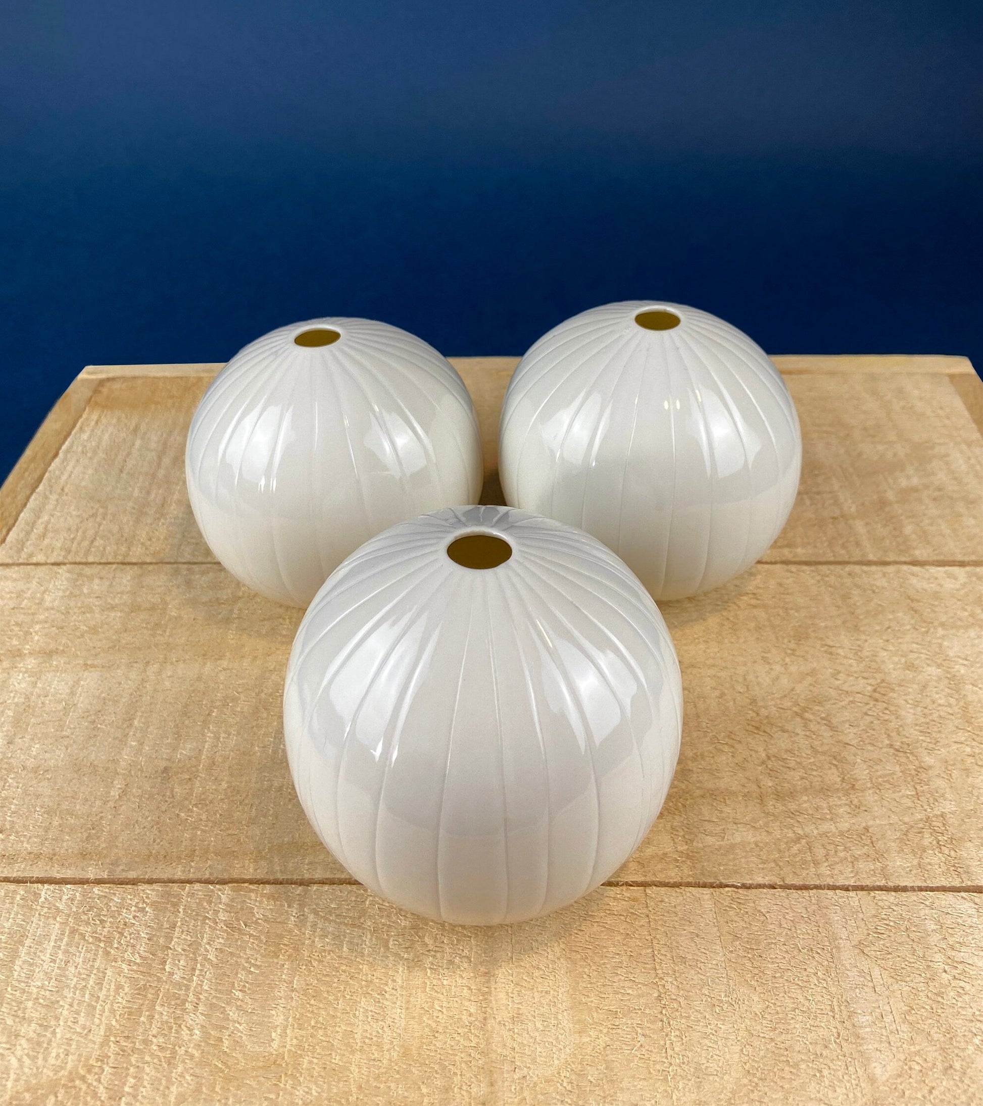White, Porcelain Modern Vases. Set of Three Sperical Vases with Small Mouths and Fluting. Perfect for Breakfast Tray. Minimal Home Decor. - Tampa Home & Garden Store