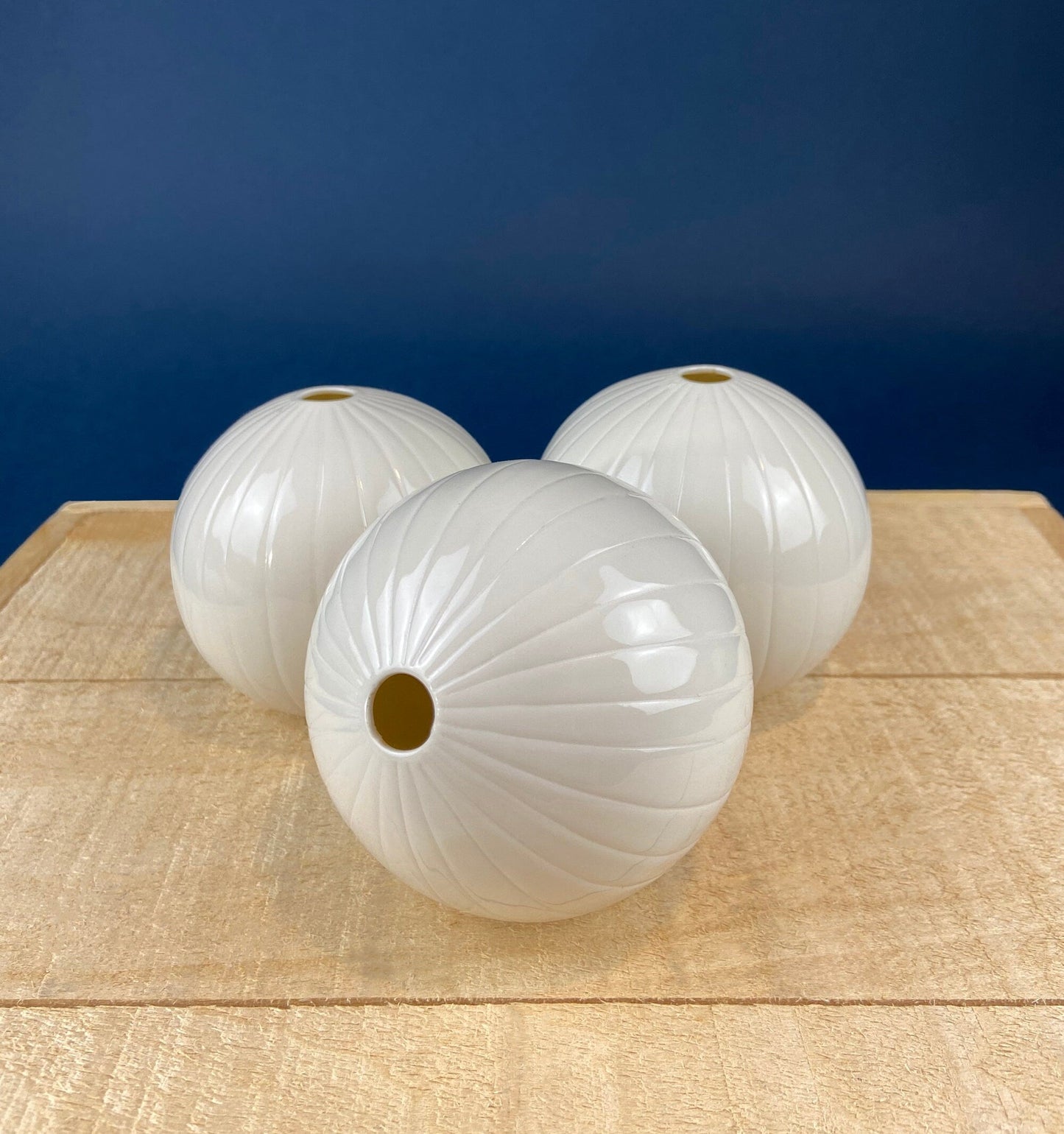 White, Porcelain Modern Vases. Set of Three Sperical Vases with Small Mouths and Fluting. Perfect for Breakfast Tray. Minimal Home Decor. - Tampa Home & Garden Store