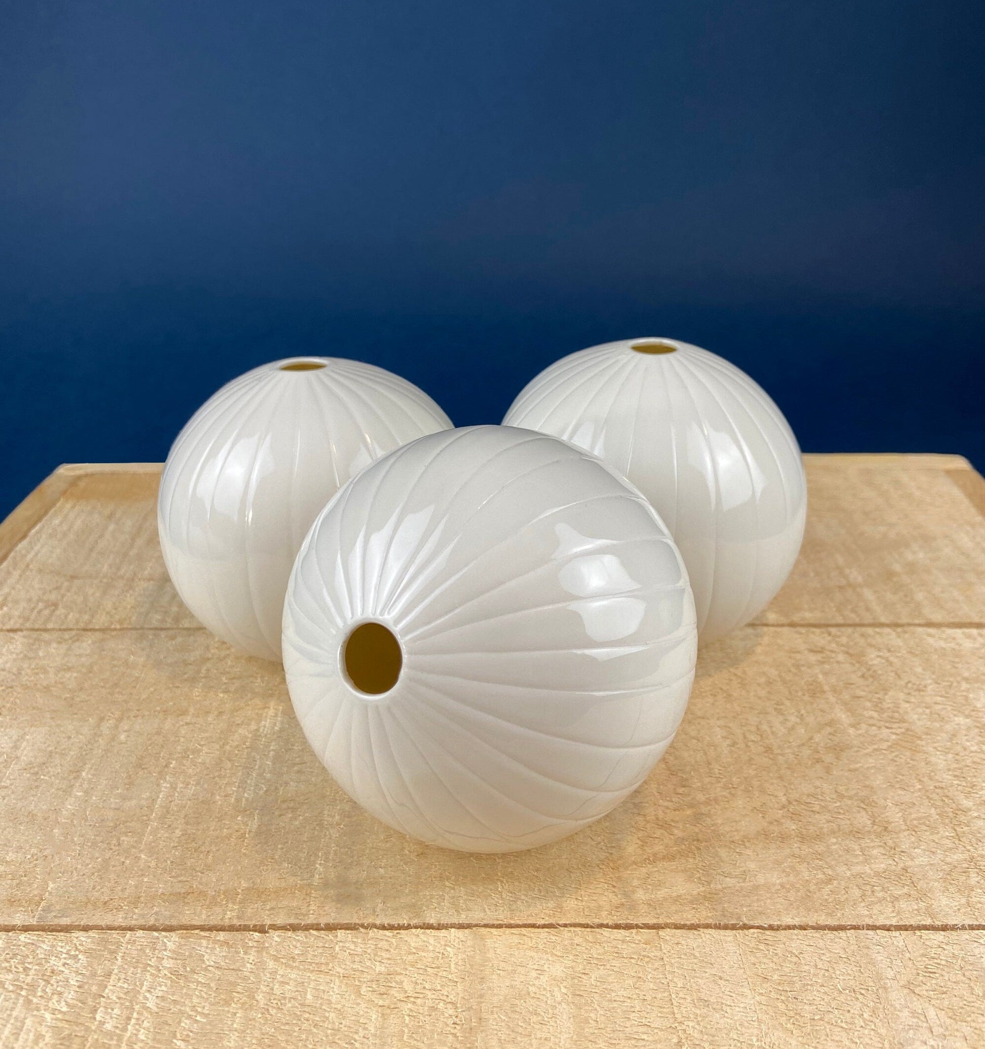 White, Porcelain Modern Vases. Set of Three Sperical Vases with Small Mouths and Fluting. Perfect for Breakfast Tray. Minimal Home Decor. - Tampa Home & Garden Store